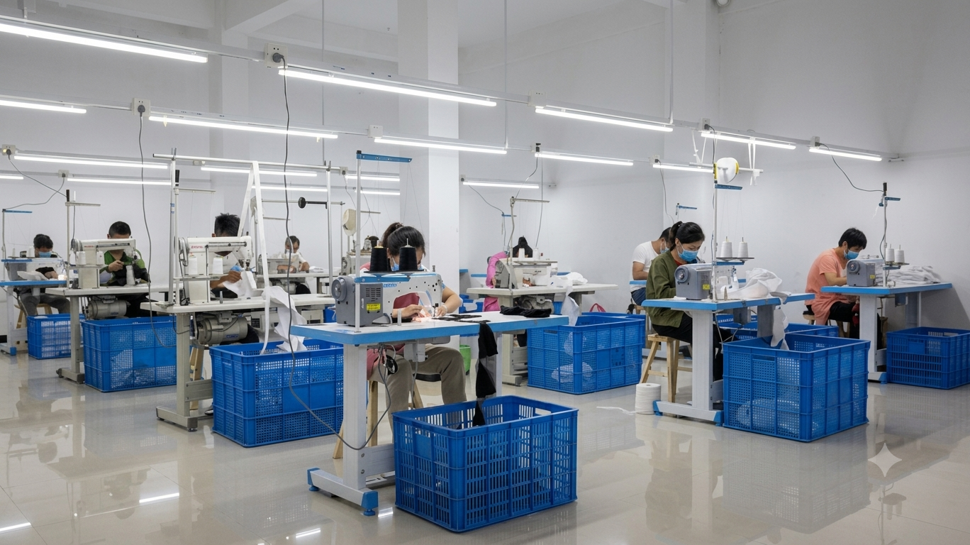 A professional sewing workshop featuring skilled workers manufacturing high-quality baseball caps in a clean, organized factory environment.