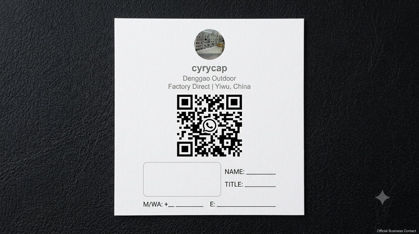Official business contact card for Cyrycap Denggao Outdoor, featuring a QR code for direct WhatsApp communication and factory-direct service from Yiwu, China.