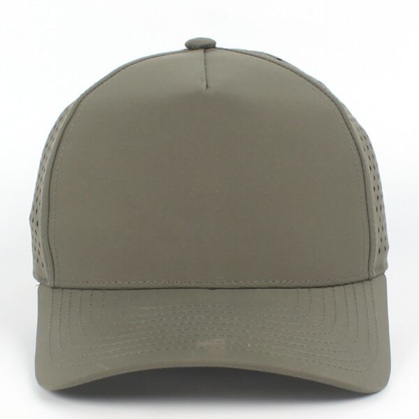 Army green quick dry 5 panel hard front cap with laser-cut perforations