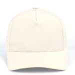 Beige quick dry 5 panel hard front cap with laser-cut perforations