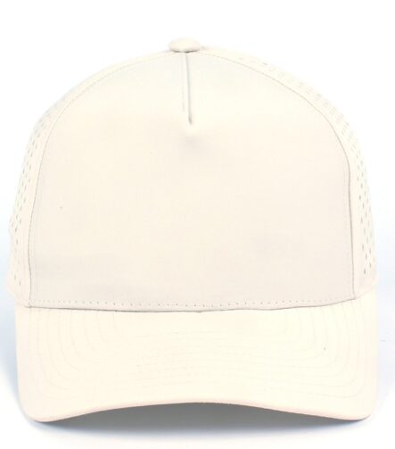 Beige quick dry 5 panel hard front cap with laser-cut perforations