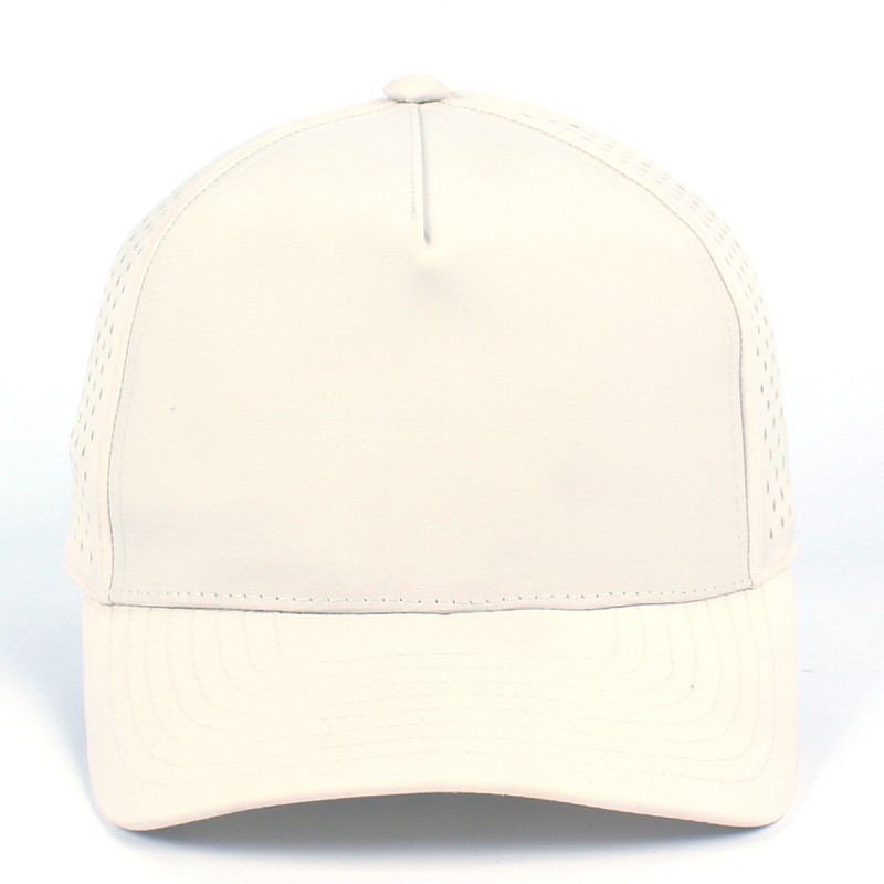 Beige quick dry 5 panel hard front cap with laser-cut perforations