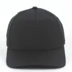 Black quick dry 5 panel hard front cap with laser-cut perforations
