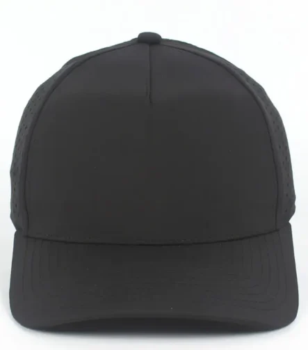 Black quick dry 5 panel hard front cap with laser-cut perforations