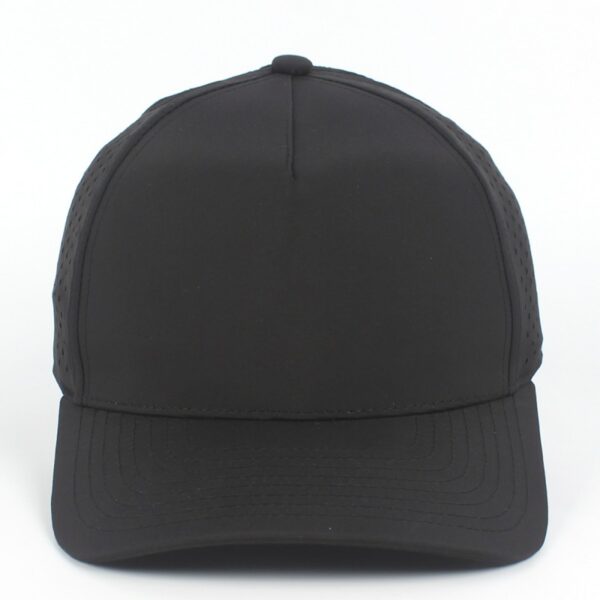 Black quick dry 5 panel hard front cap with laser-cut perforations