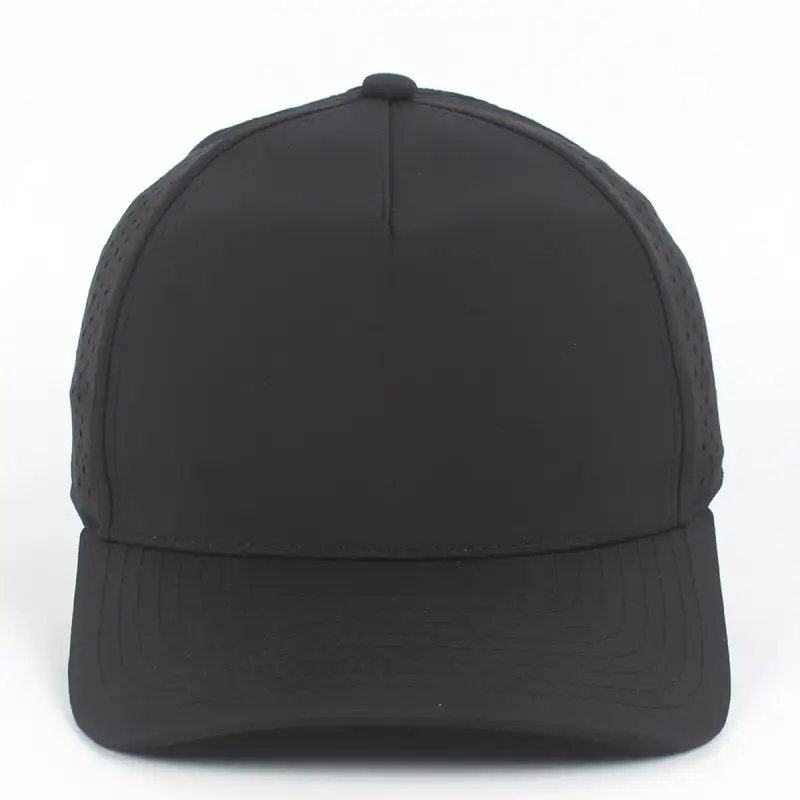 Black quick dry 5 panel hard front cap with laser-cut perforations