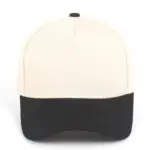 Custom embroidered two-tone black and beige 5-panel structured baseball cap front view