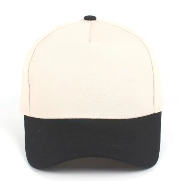 Custom embroidered two-tone black and beige 5-panel structured baseball cap front view