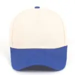 Custom embroidered two-tone blue and beige 5-panel structured baseball cap front view