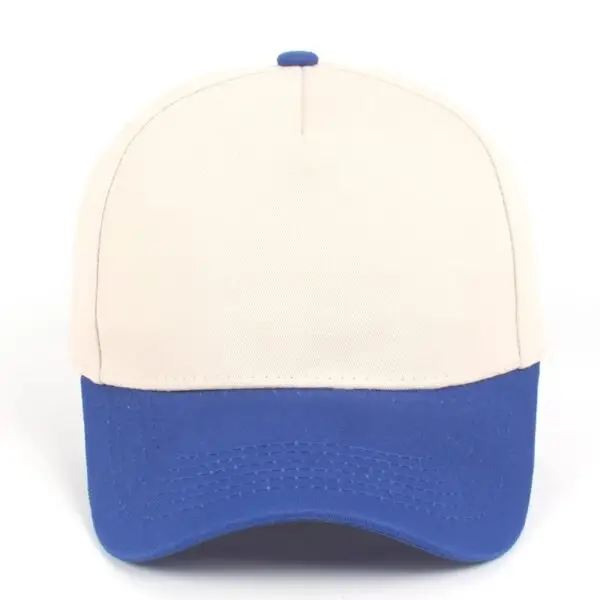 Custom embroidered two-tone blue and beige 5-panel structured baseball cap front view