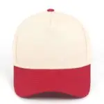 Custom embroidered two-tone burgundy and beige 5-panel structured baseball cap front view