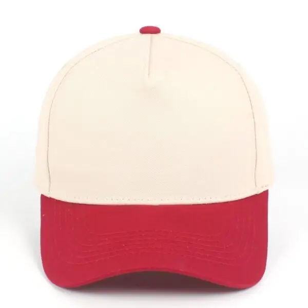 Custom embroidered two-tone burgundy and beige 5-panel structured baseball cap front view