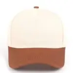 Custom embroidered two-tone coffee and beige 5-panel structured baseball cap front view