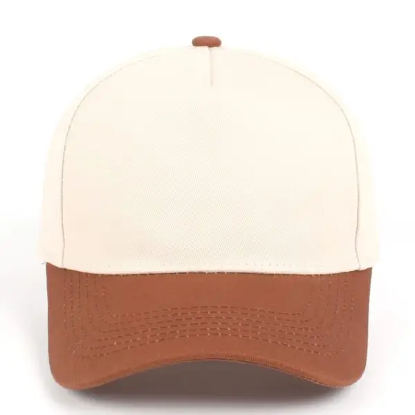 Custom embroidered two-tone coffee and beige 5-panel structured baseball cap front view