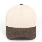 Custom embroidered two-tone dark leopard print and beige 5-panel structured baseball cap front view