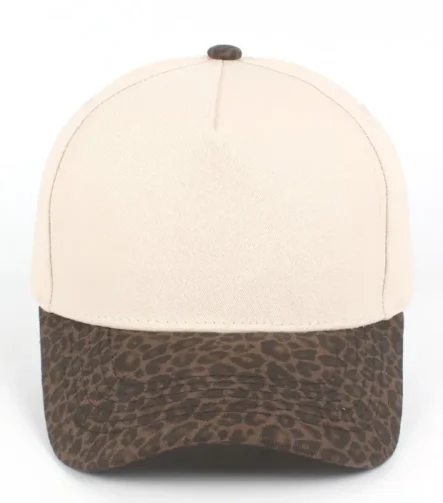 Custom embroidered two-tone dark leopard print and beige 5-panel structured baseball cap front view