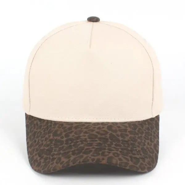 Custom embroidered two-tone dark leopard print and beige 5-panel structured baseball cap front view