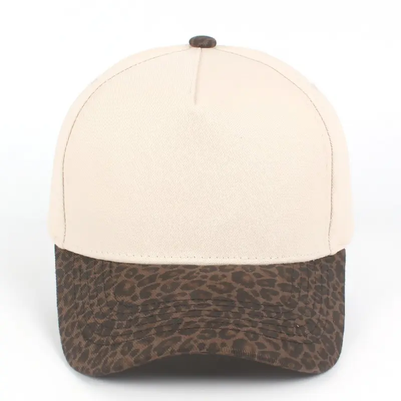 Custom embroidered two-tone dark leopard print and beige 5-panel structured baseball cap front view
