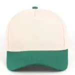 Custom embroidered two-tone green and beige 5-panel structured baseball cap front view