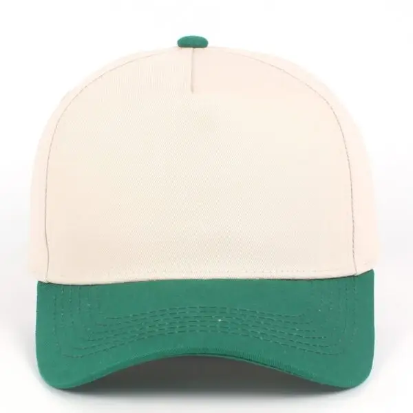 Custom embroidered two-tone green and beige 5-panel structured baseball cap front view
