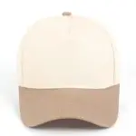 Custom embroidered two-tone khaki and beige 5-panel structured baseball cap front view