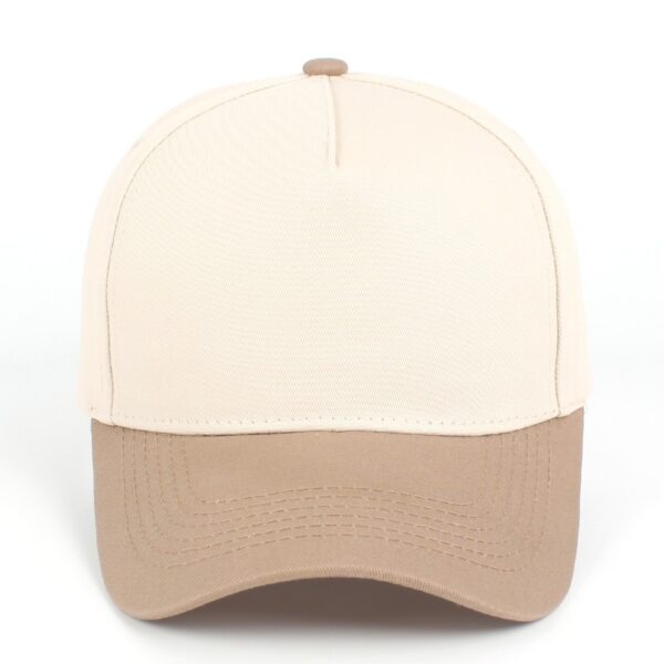 Custom embroidered two-tone khaki and beige 5-panel structured baseball cap front view