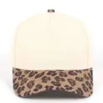 Custom embroidered two-tone light leopard print and beige 5-panel structured baseball cap front view