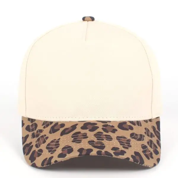 Custom embroidered two-tone light leopard print and beige 5-panel structured baseball cap front view