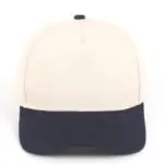 Custom embroidered two-tone navy and beige 5-panel structured baseball cap front view