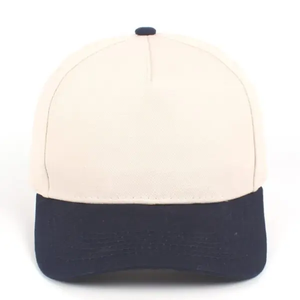 Custom embroidered two-tone navy and beige 5-panel structured baseball cap front view
