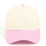 Custom embroidered two-tone pink and beige 5-panel structured baseball cap front view