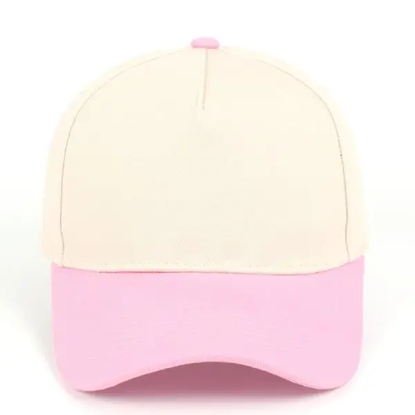 Custom embroidered two-tone pink and beige 5-panel structured baseball cap front view