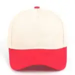 Custom embroidered two-tone red and beige 5-panel structured baseball cap front view