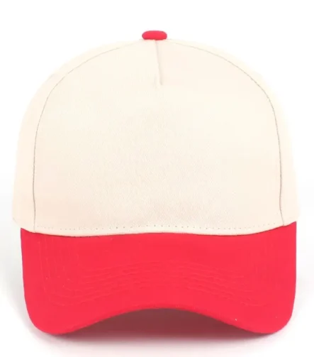 Custom embroidered two-tone red and beige 5-panel structured baseball cap front view