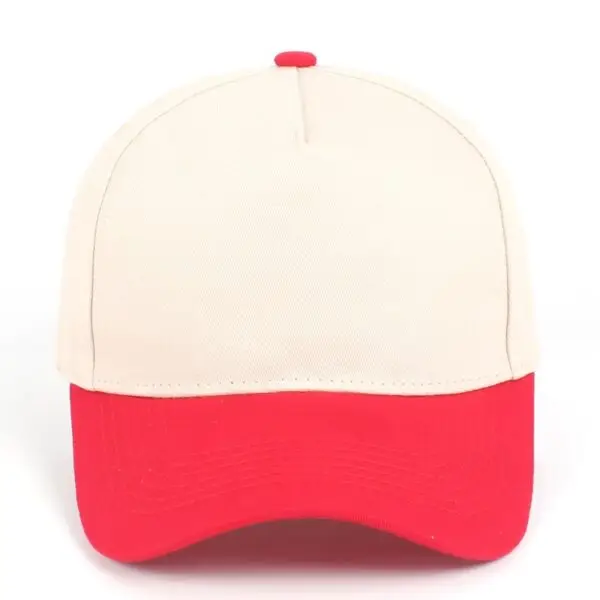 Custom embroidered two-tone red and beige 5-panel structured baseball cap front view