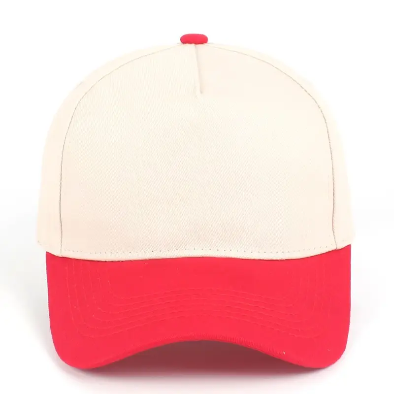 Custom embroidered two-tone red and beige 5-panel structured baseball cap front view