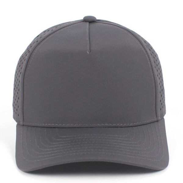 Gray quick dry 5 panel hard front cap with laser-cut perforations