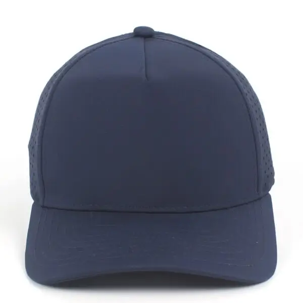 Navy blue quick dry 5 panel hard front cap with laser-cut perforations