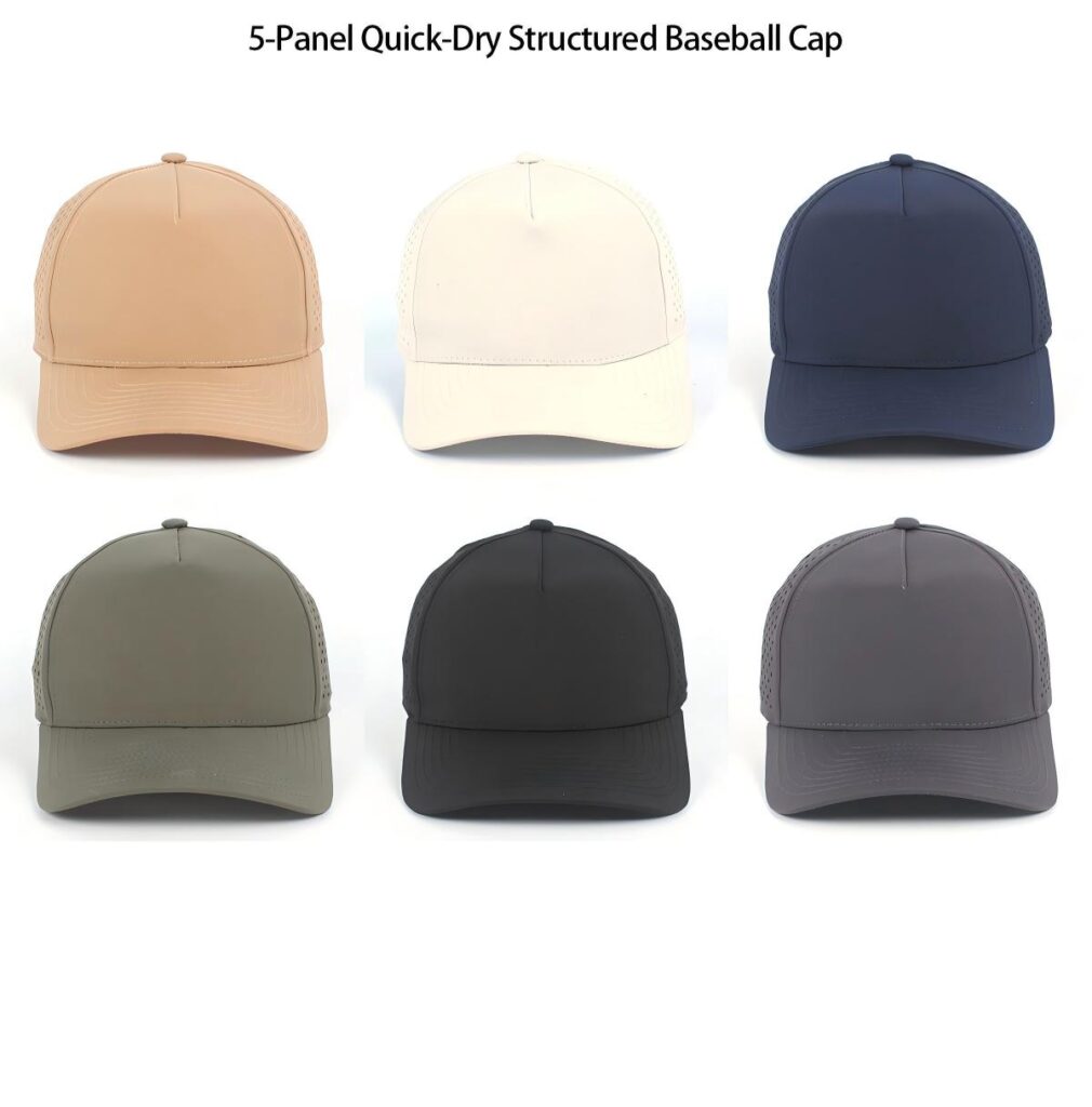 A collection of 5-panel quick-dry structured baseball caps featuring breathable side panels, available in multiple solid colors.