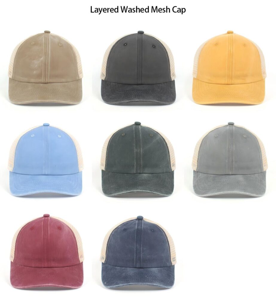 A collection of washed layered soft crown baseball caps, featuring a vintage distressed look and available in a wide variety of solid colors.