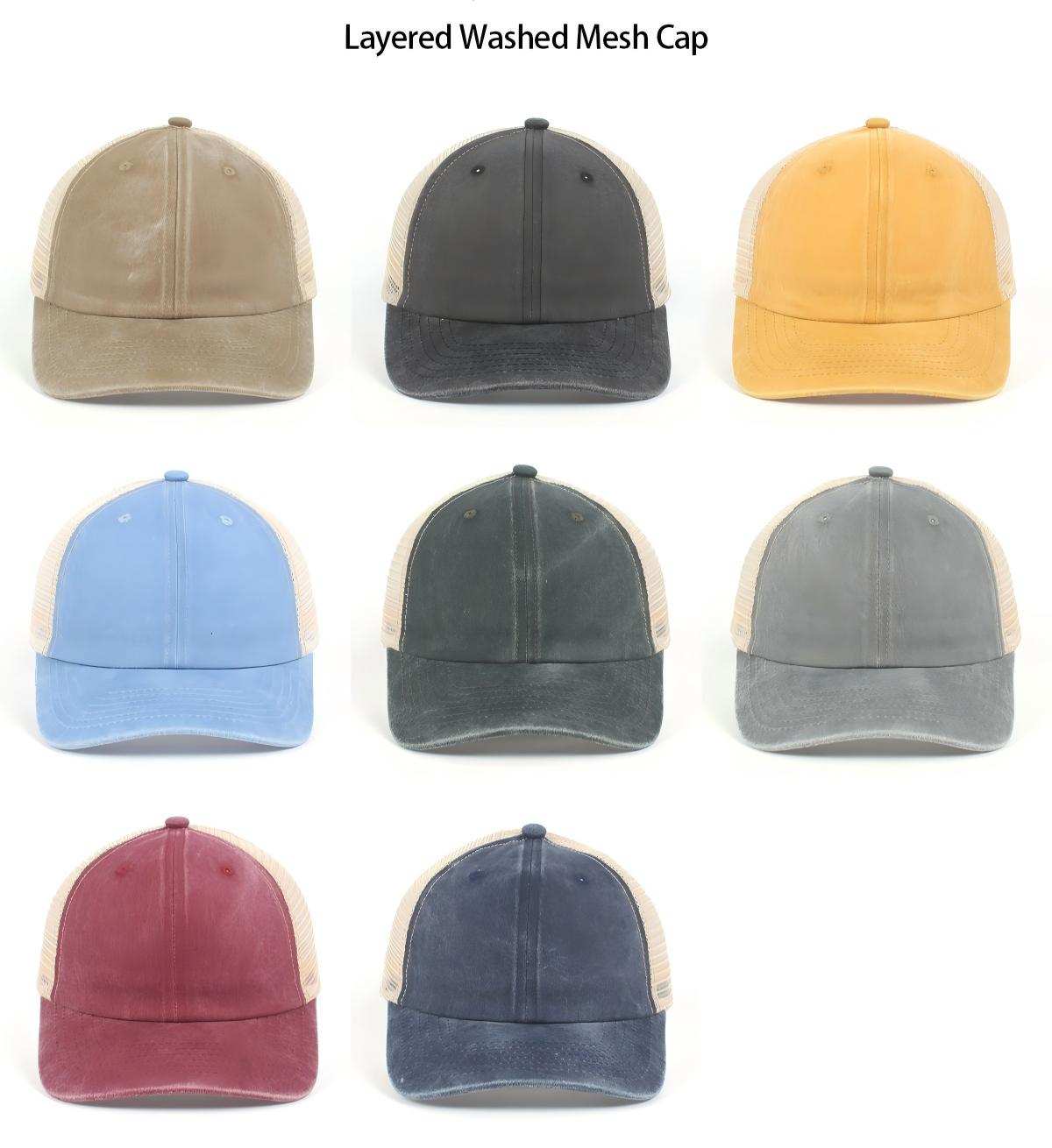A collection of Layered Washed Mesh Caps in various solid colors, featuring a classic baseball cap style with breathable mesh back panels.