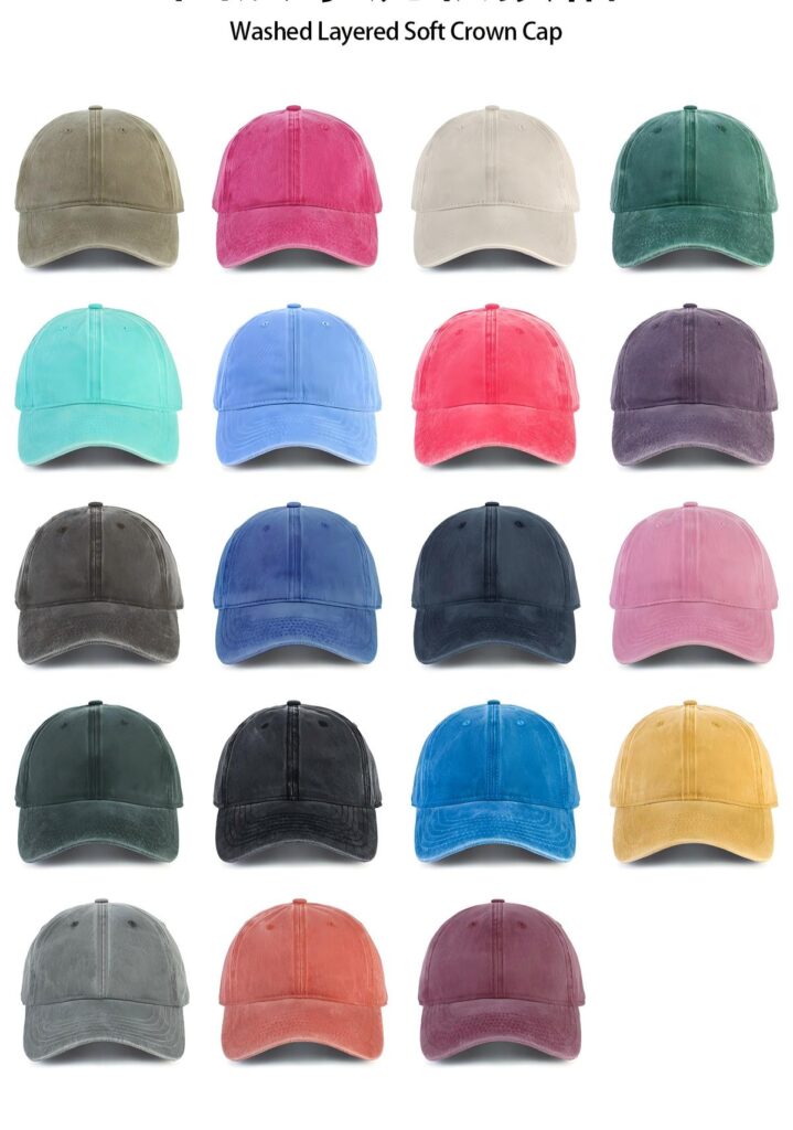 A collection of washed layered soft crown baseball caps, featuring a vintage distressed look and available in a wide variety of solid colors.