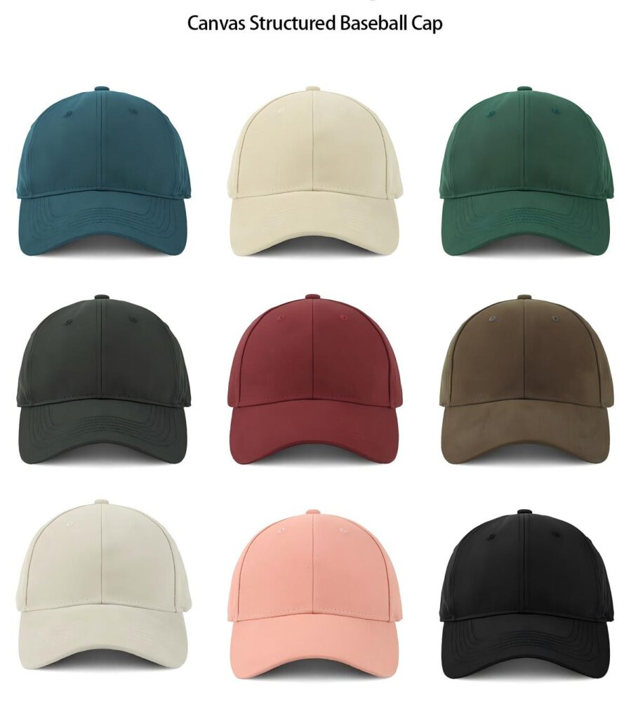 A collection of durable Canvas Structured Baseball Caps, showcasing a professional look in various solid colors.
