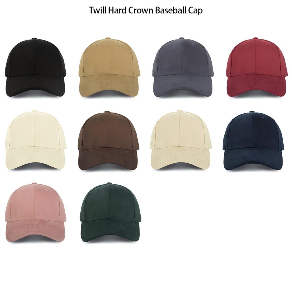A collection of Twill Hard Crown baseball caps featuring a structured design and clean, professional look, available in various solid colors.