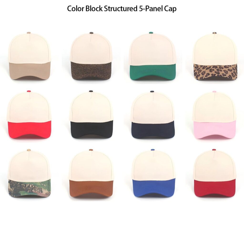 A collection of Color Block Structured 5-Panel Caps featuring a clean cream crown paired with various contrasting solid color and patterned visors, including leopard print.