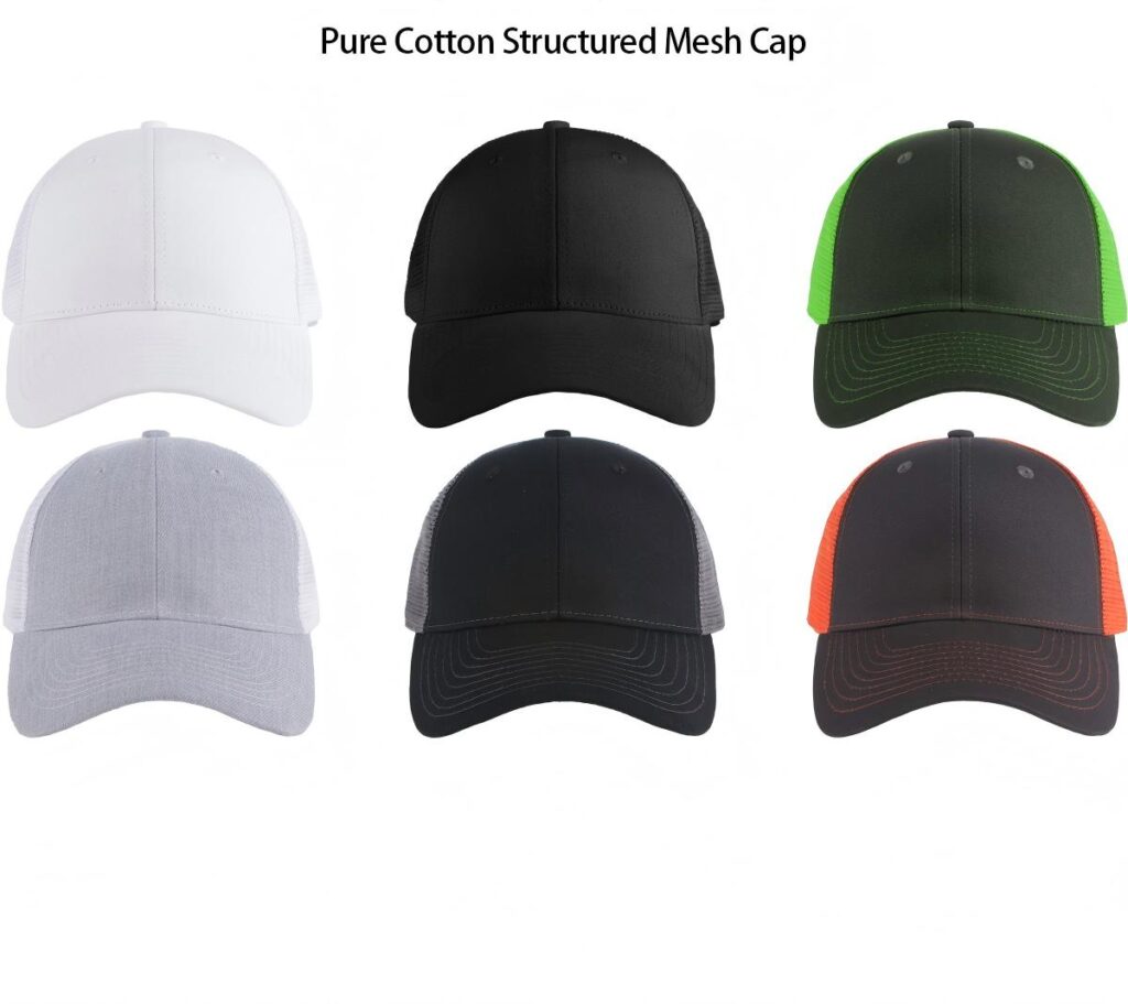 A collection of Pure Cotton Structured Mesh Caps featuring a classic structured design and breathable mesh back panels, available in multiple color combinations.