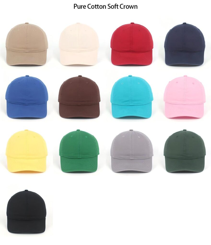 A collection of pure cotton baseball caps with a soft crown design, showcasing a wide variety of solid colors.
