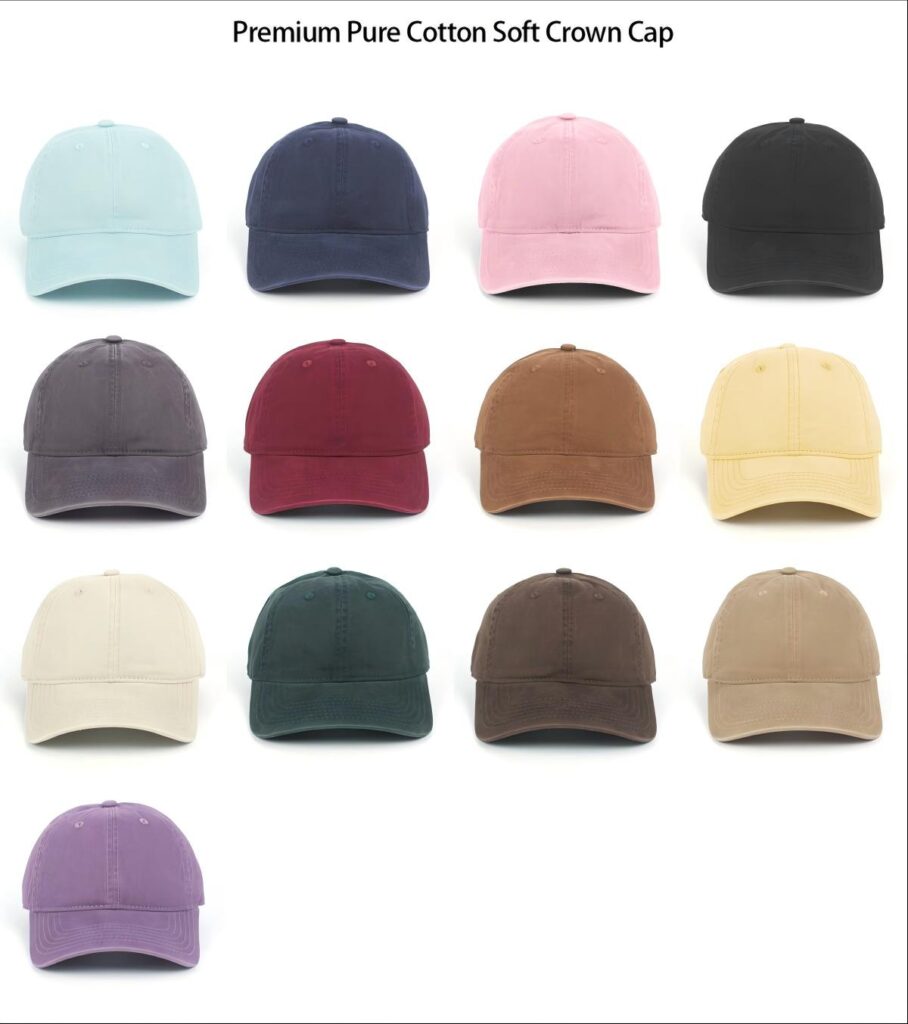 A collection of durable Canvas Structured Baseball Caps, showcasing a professional look in various solid colors.