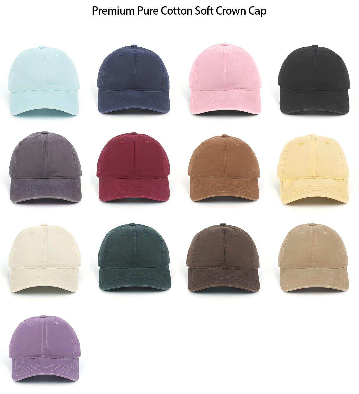 A color palette collection of premium pure cotton baseball caps with soft crowns, available in various solid colors.